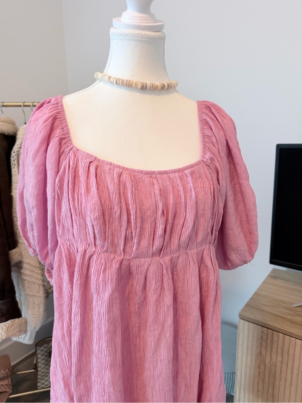 white birch Pink Puff Sleeve Square Neck Dress - Picture 2 of 5